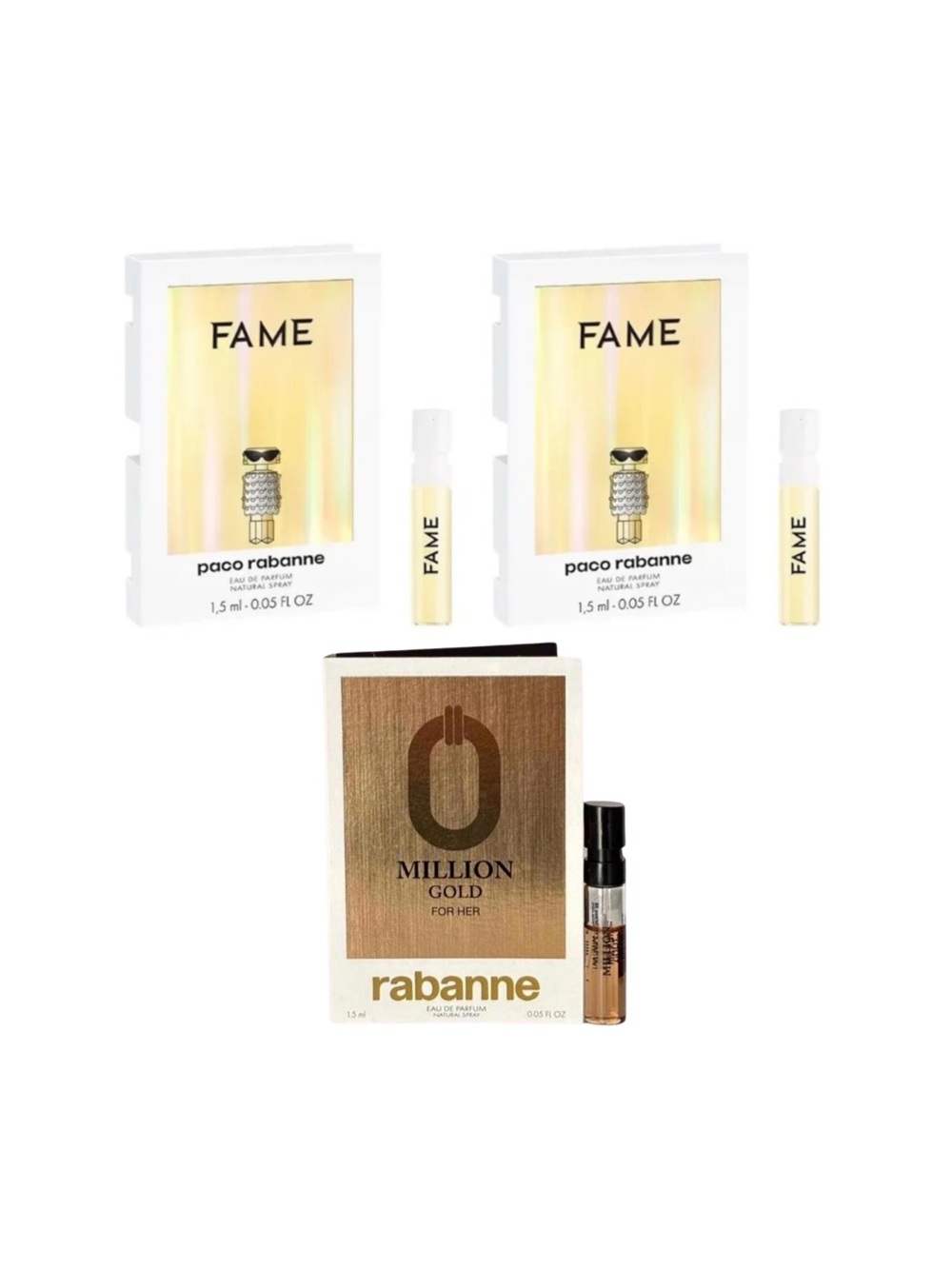 PACO RABANNE Fame EDP (2) & Million Gold for Her Sample (1) - .05 oz ea. NEW
